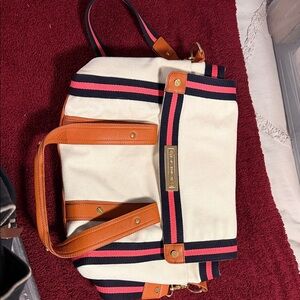 Tory Burch Cream Tote with Pink and Navy Stripes